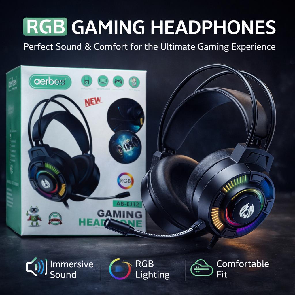 Aerbeses AB-EJ12 RGB Gaming Headphone – Level Up Your Game with Epic Lights & Sound!